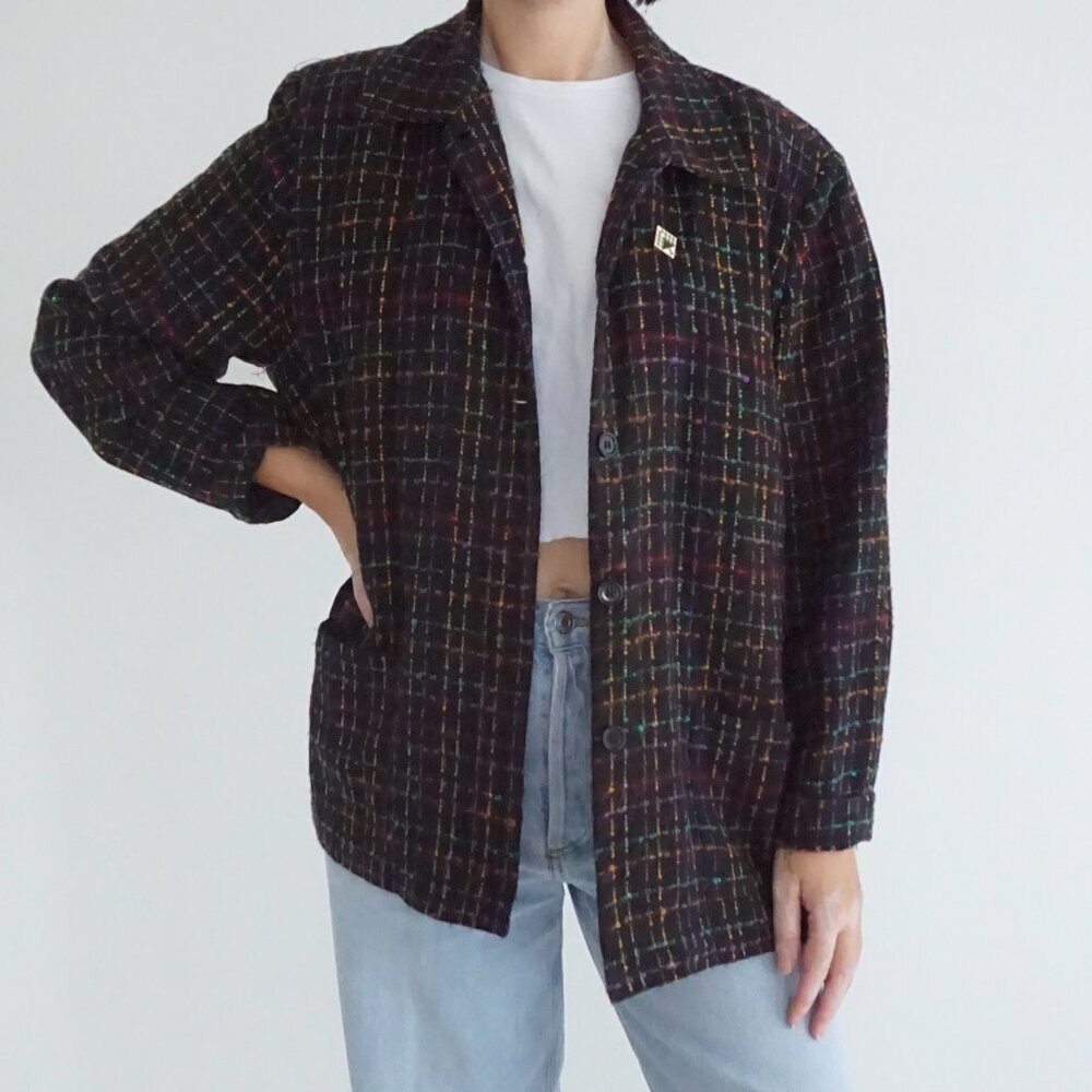 Vintage BonWorth Black Multicolor Windowpane Plaid Button Front Blazer Jacket L